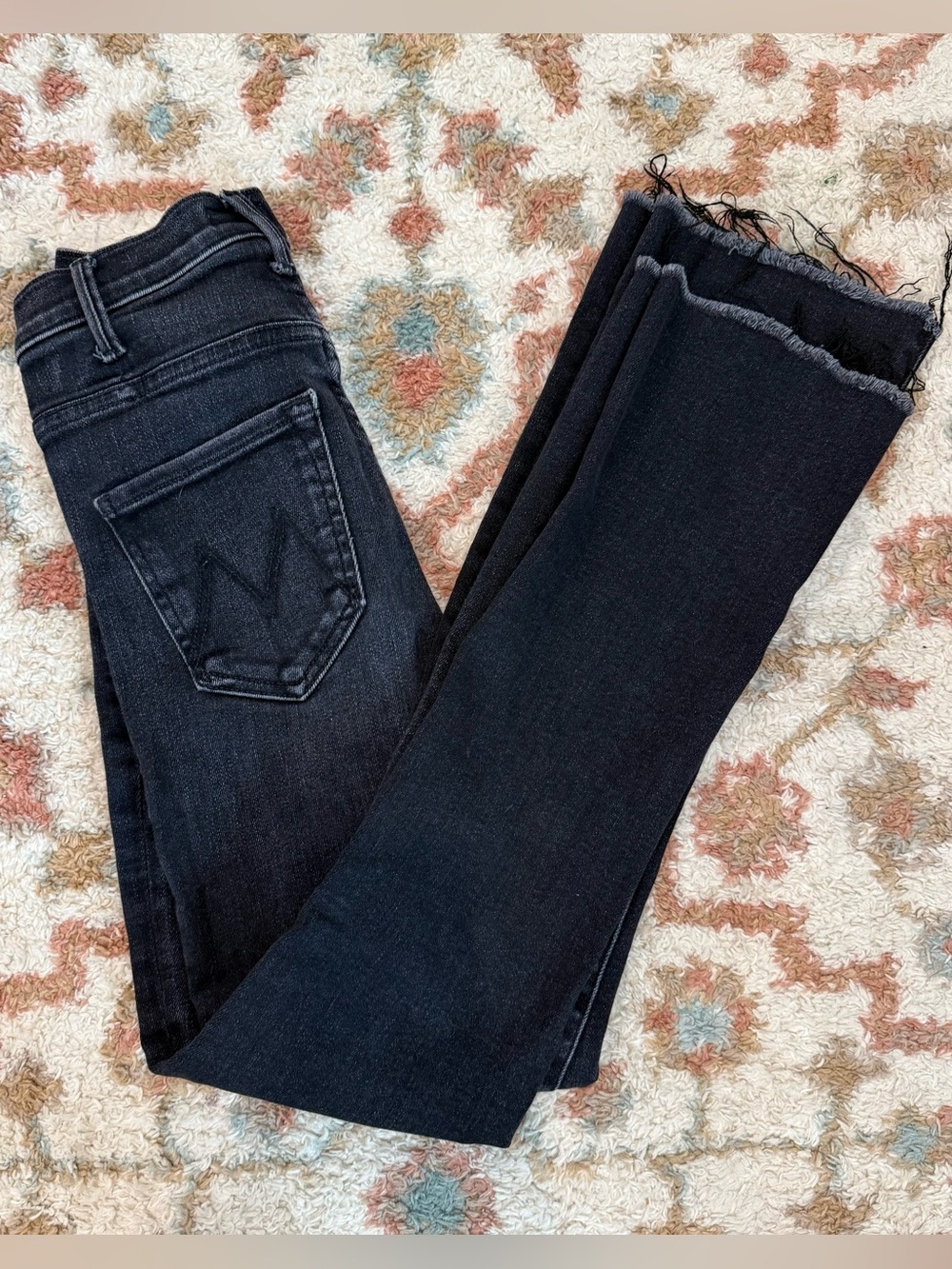 MOTHER High Rise Frayed Hem Flare Jeans Black Wash Size 23